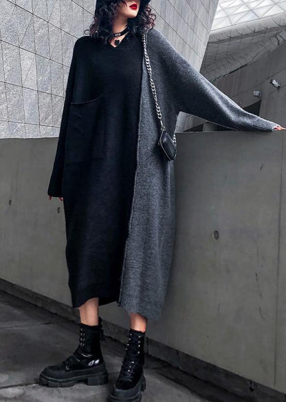 Comfy Hooded Patchwork Sweater Outfits Largo Black Sweater Dresses