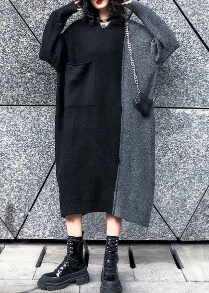 Comfy Hooded Patchwork Sweater Outfits Largo Black Sweater Dresses