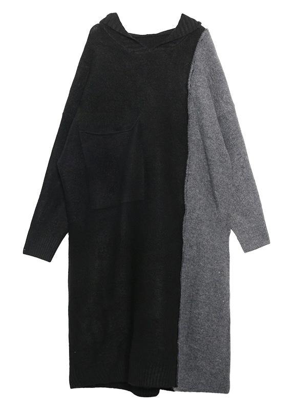 Comfy Hooded Patchwork Sweater Outfits Largo Black Sweater Dresses