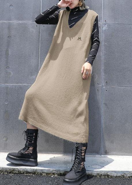 Comfy Khaki Sweater Knit Top Pattern Sleeveless Big Fall Knit Dress
