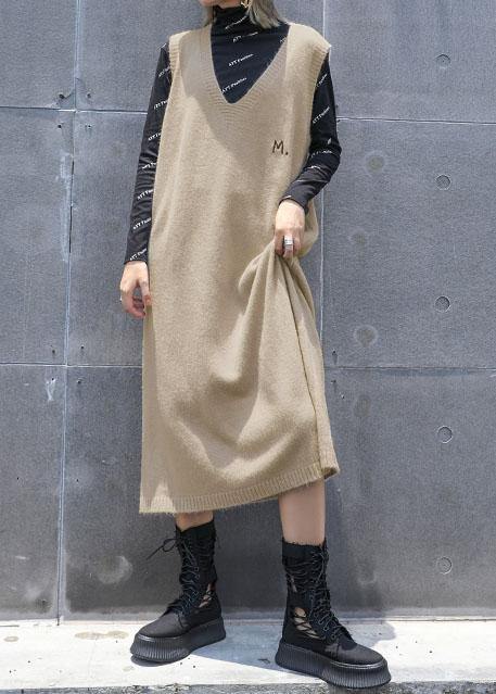 Comfy Khaki Sweater Knit Top Pattern Sleeveless Big Fall Knit Dress