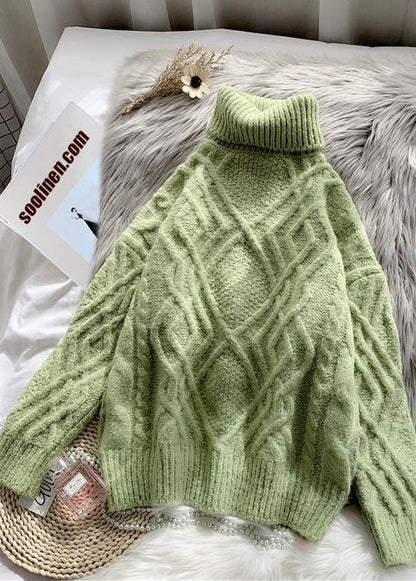 Comfy Light Green Sweater Tops Chunky Clothing High Neck Sweaters