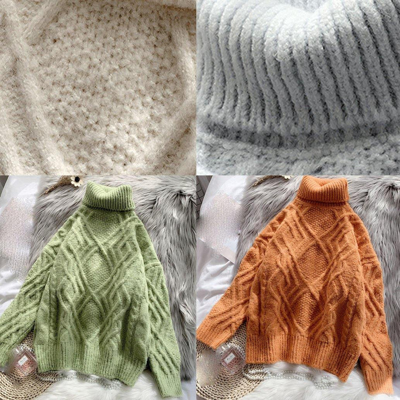 Comfy Light Green Sweater Tops Chunky Clothing High Neck Sweaters