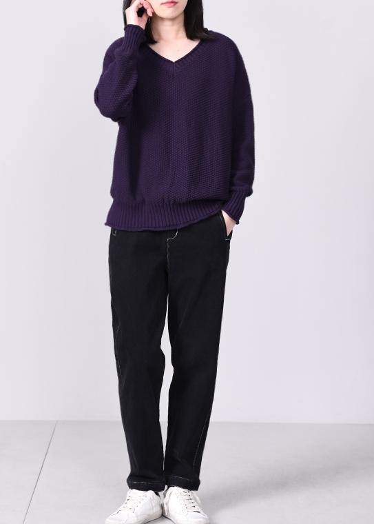 Comfy Long Sleeve Sweater Loose Fitting Purple Knit Tops V Neck