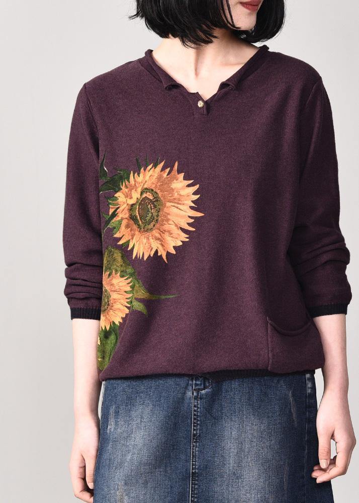 Comfy Long Sleeve Sweater Oversize Wild Prints Knit Tops Dark Purple
