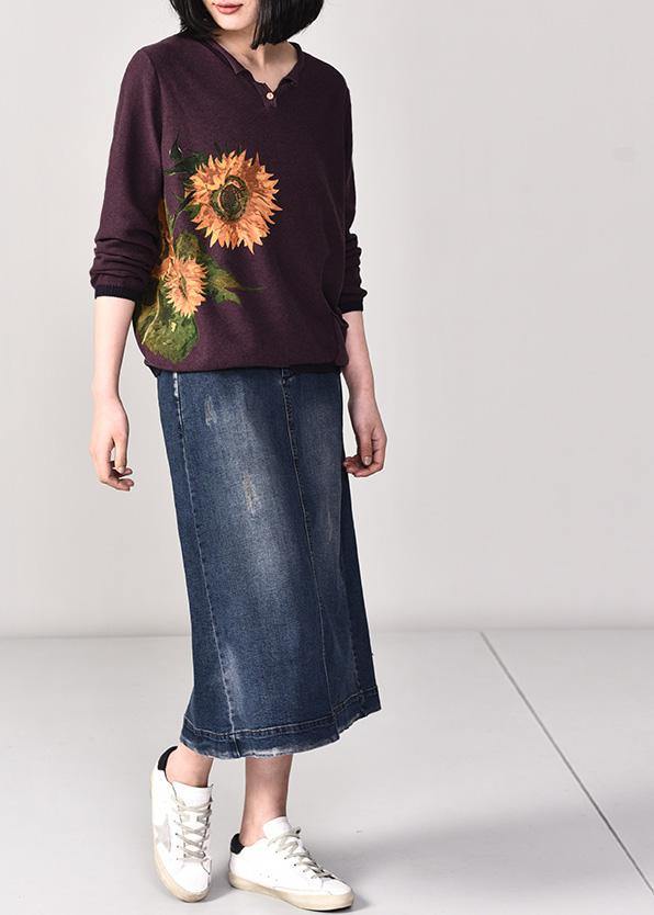 Comfy Long Sleeve Sweater Oversize Wild Prints Knit Tops Dark Purple