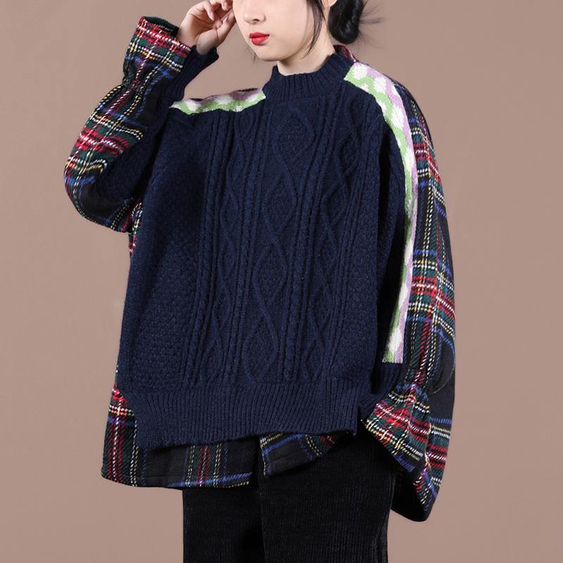 Comfy Navy Plaid Knit Sweat Tops Oversized O Neck False Two Pieces Blouse