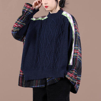 Comfy Navy Plaid Knit Sweat Tops Oversized O Neck False Two Pieces Blouse