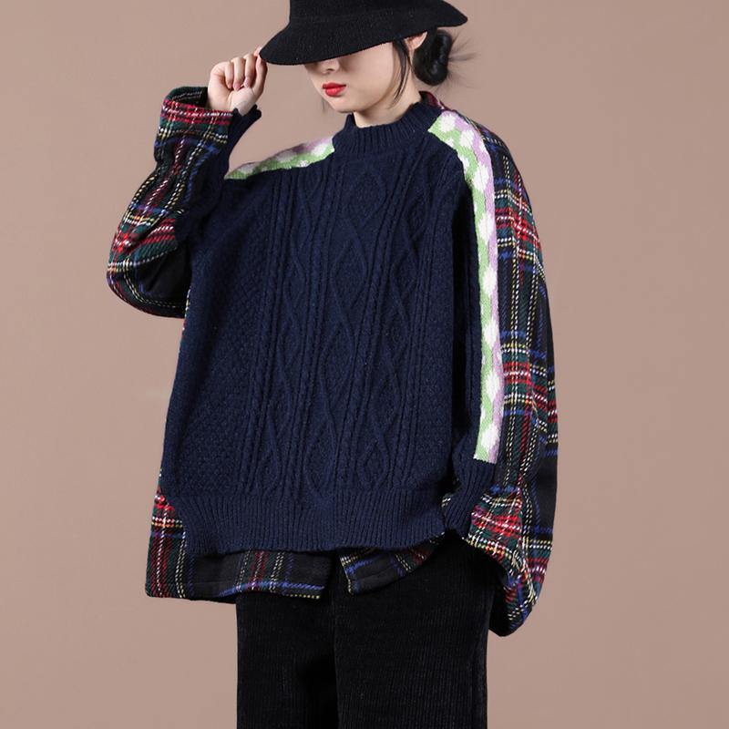 Comfy Navy Plaid Knit Sweat Tops Oversized O Neck False Two Pieces Blouse