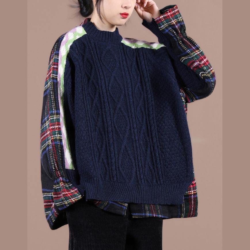 Comfy Navy Plaid Knit Sweat Tops Oversized O Neck False Two Pieces Blouse