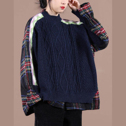 Comfy Navy Plaid Knit Sweat Tops Oversized O Neck False Two Pieces Blouse