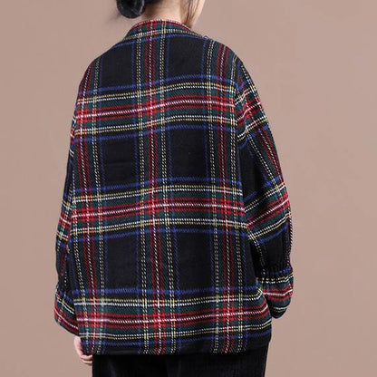 Comfy Navy Plaid Knit Sweat Tops Oversized O Neck False Two Pieces Blouse