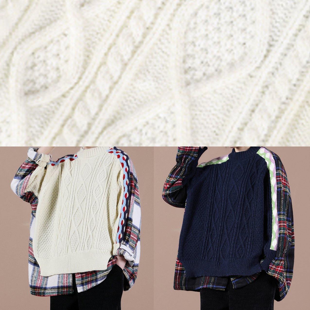 Comfy Navy Plaid Knit Sweat Tops Oversized O Neck False Two Pieces Blouse