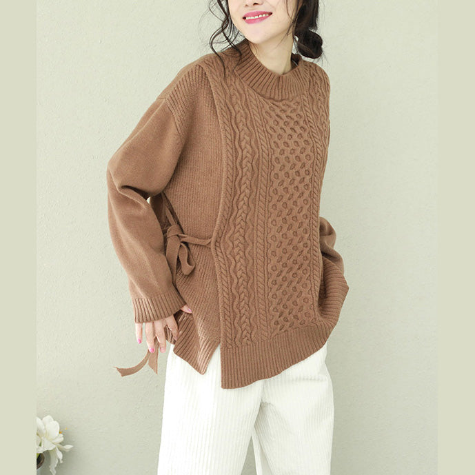 Comfy O Neck Bow Sweater Tops Brown Big Knitwear