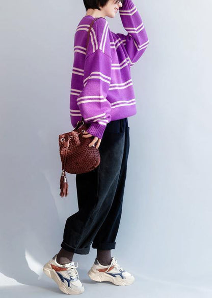 Comfy O Neck Purple Striped Knitwear Loose Fitting Thick Sweater Blouse
