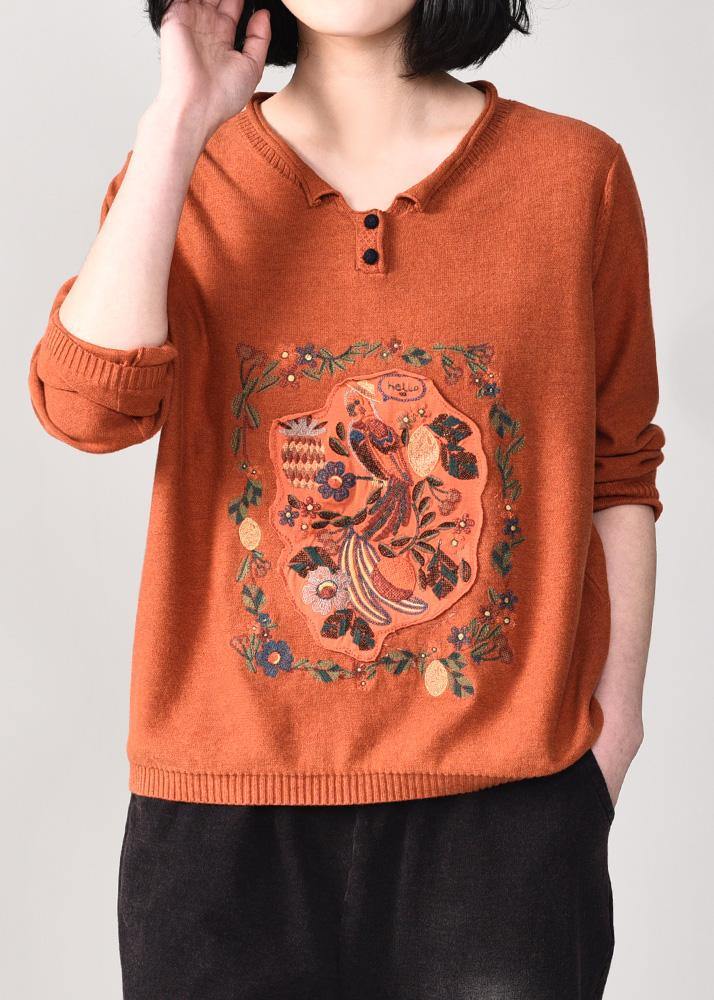 Comfy Orange Prints Knit Tops Fall Fall V Neck Sweaters Wild
