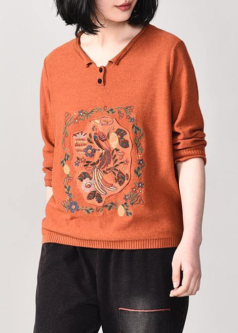 Comfy Orange Prints Knit Tops Fall Fall V Neck Sweaters Wild