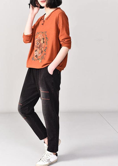 Comfy Orange Prints Knit Tops Fall Fall V Neck Sweaters Wild