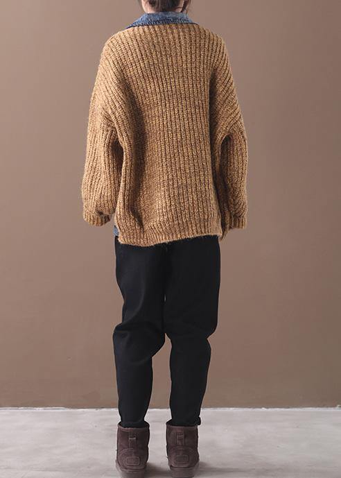 Comfy Patchwork Khaki Knit Tops Oversize Lapel Collar Knit Blouse
