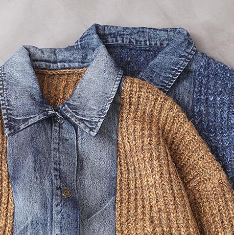 Comfy Patchwork Khaki Knit Tops Oversize Lapel Collar Knit Blouse
