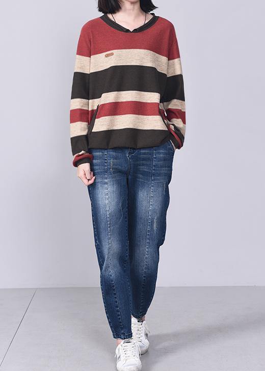 Comfy Patchwork Knit T Shirt Autumn Sweater Red