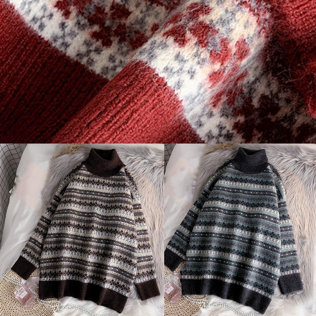 Comfy Red Clothes Striped Plussize High Neck Knitwear