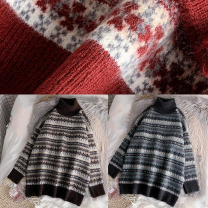 Comfy Red Clothes Striped Plussize High Neck Knitwear