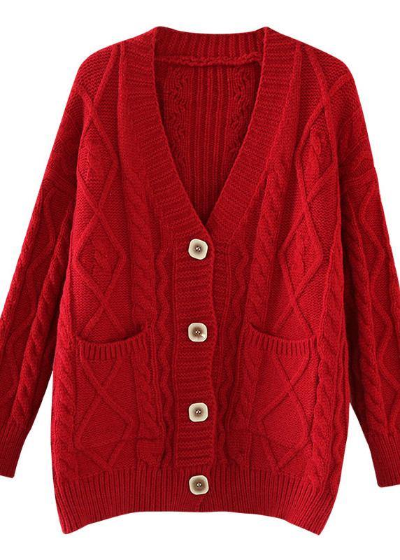 Comfy Red Knit Jacket Oversized Spring Two Pockets Knitwear