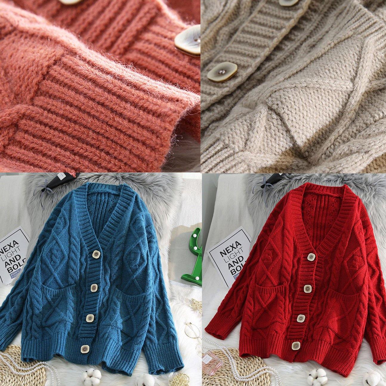 Comfy Red Knit Jacket Oversized Spring Two Pockets Knitwear