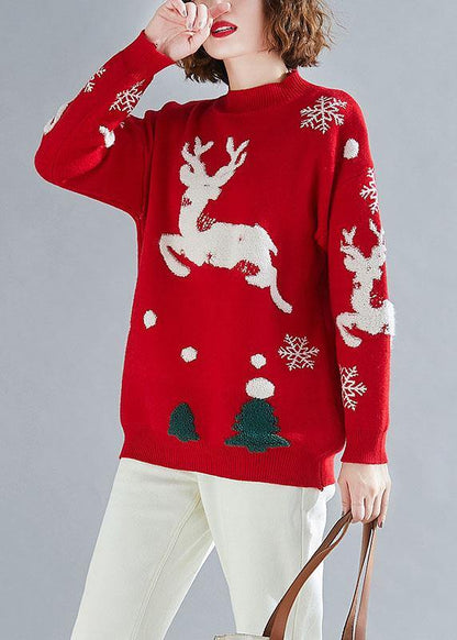 Comfy Spring Red Embroidery Knit Tops O Neck Sweater Tops