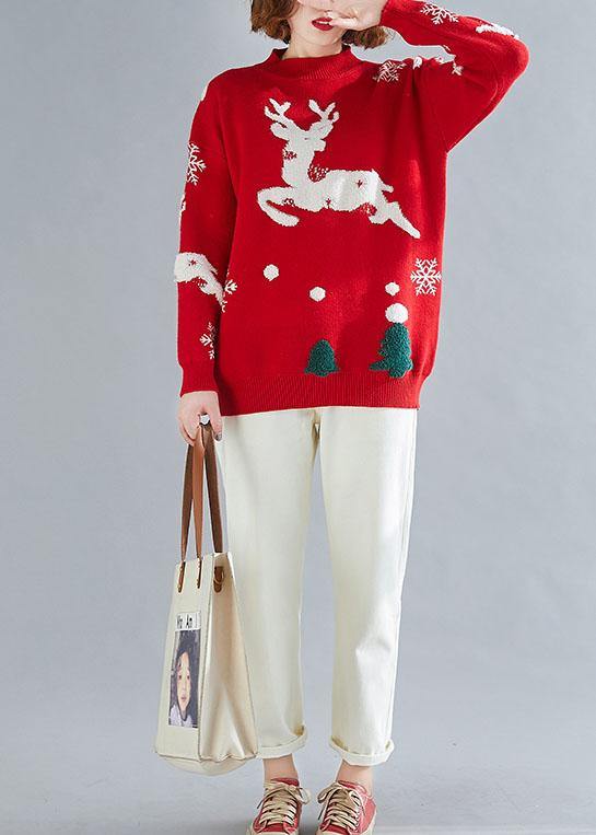 Comfy Spring Red Embroidery Knit Tops O Neck Sweater Tops