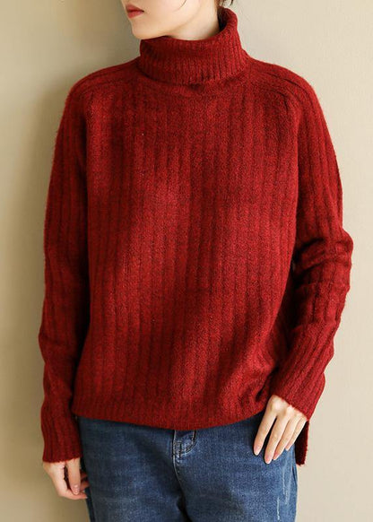 Comfy Spring Red Knit Tops Fall High Neck Knit Blouse