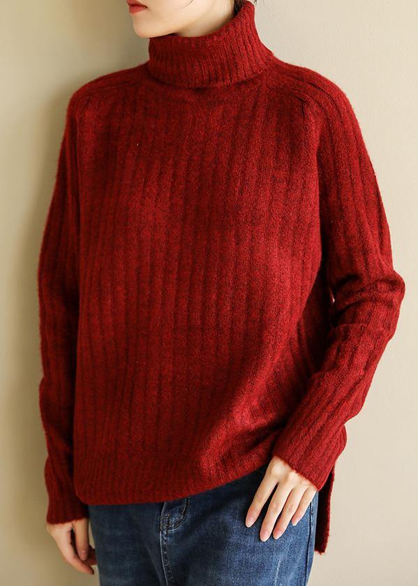 Comfy Spring Red Knit Tops Fall High Neck Knit Blouse