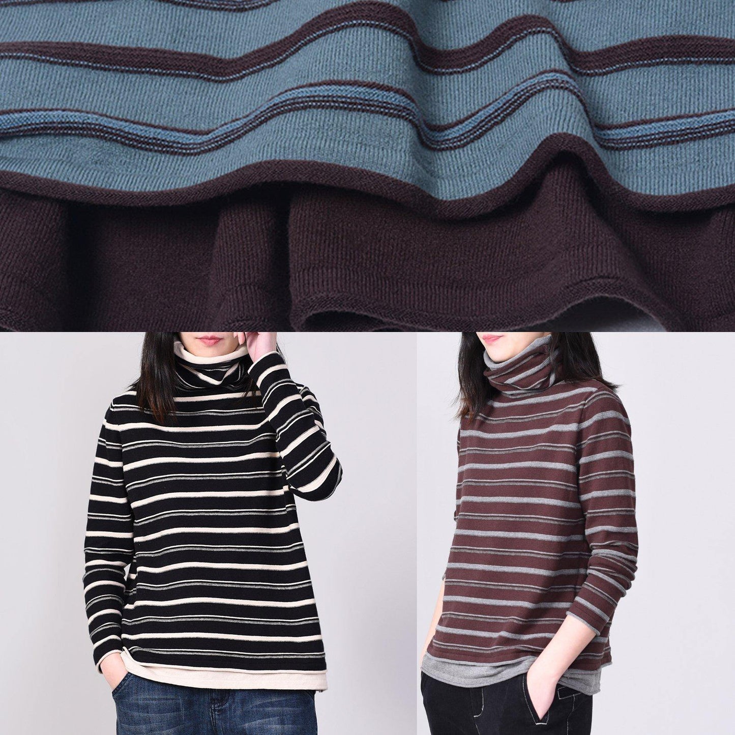 Comfy Striped Knitted Tops Oversize High Neck Sweater Black Autumn
