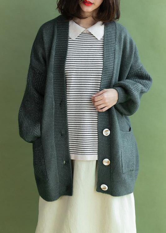 Comfy V Neck Knitwear Fall Army Green Pockets