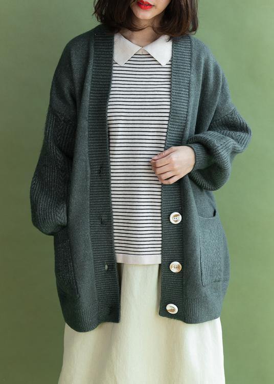 Comfy V Neck Knitwear Fall Army Green Pockets