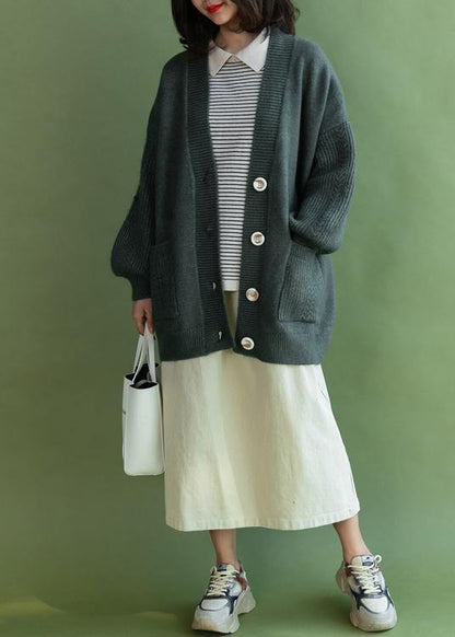 Comfy V Neck Knitwear Fall Army Green Pockets