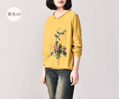 Comfy Yellow Knit Jacket Autumn Prints Knit Sweat Tops Pockets