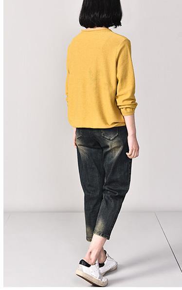 Comfy Yellow Knit Jacket Autumn Prints Knit Sweat Tops Pockets