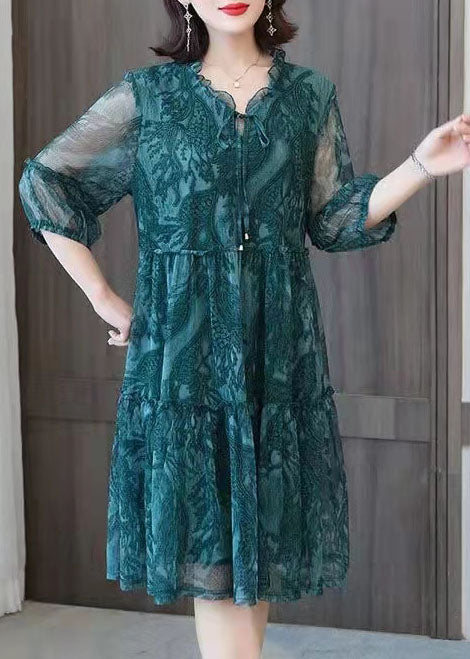 Comfy Green Embroideried Patchwork Spring Two-piece Set Half Sleeve