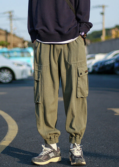 Cool Army Green Pockets Warm Fleece Beam Pants Elastic Waist Spring