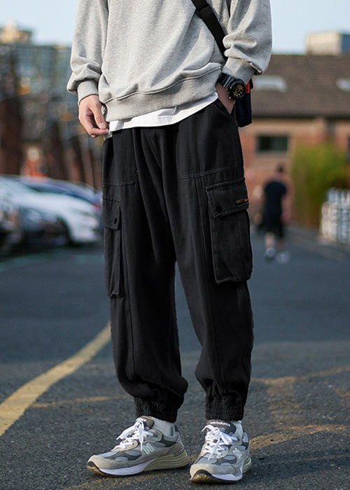 Cool Army Green Pockets Warm Fleece Beam Pants Elastic Waist Spring