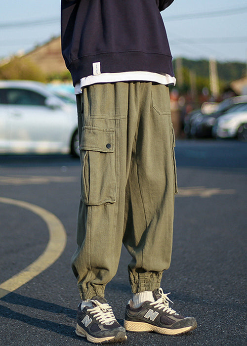 Cool Army Green Pockets Warm Fleece Beam Pants Elastic Waist Spring