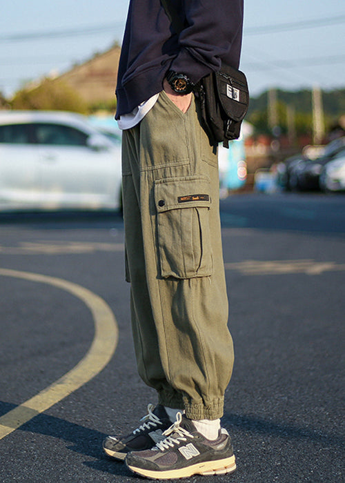 Cool Army Green Pockets Warm Fleece Beam Pants Elastic Waist Spring