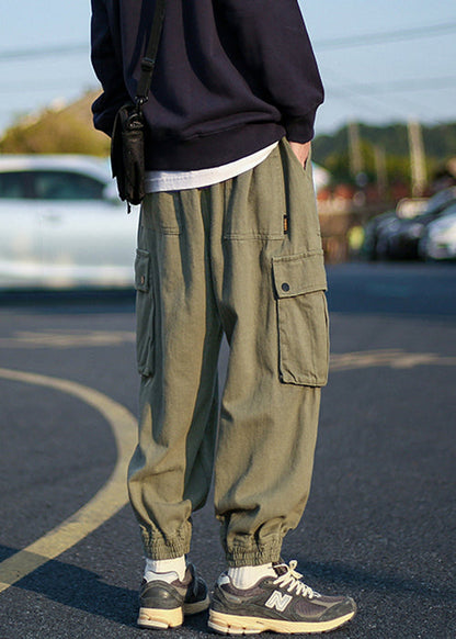 Cool Army Green Pockets Warm Fleece Beam Pants Elastic Waist Spring