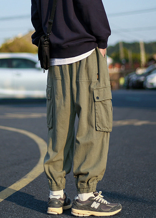 Cool Army Green Pockets Warm Fleece Beam Pants Elastic Waist Spring