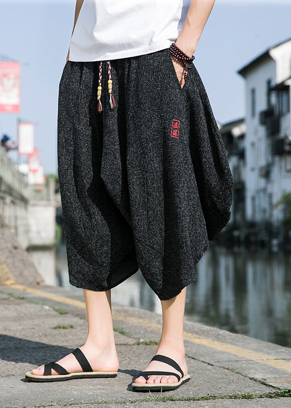 Cool Black Embroideried Pockets Cotton Crop Pants Summer