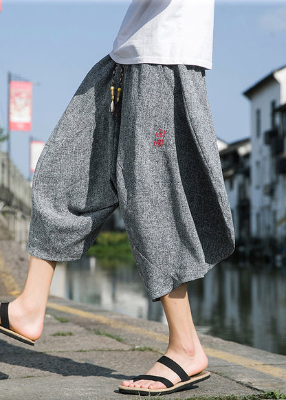 Cool Black Embroideried Pockets Cotton Crop Pants Summer