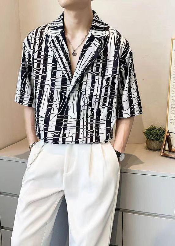 Cool Black Notched Striped Pockets Ice Silk Shirts Summer