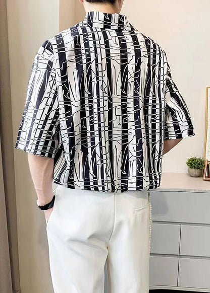 Cool Black Notched Striped Pockets Ice Silk Shirts Summer